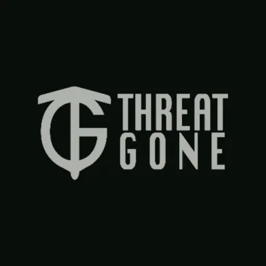 Threat Gone wordmark on a dark graphite blueprint card