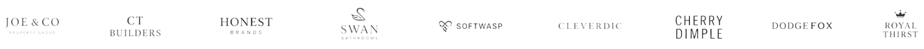 Client wordmarks: Joe & Co, CT Builders, Honest Brands, Swan Bathrooms, Softwasp, Cleverdic, Cherry Dimple and DodgeFox