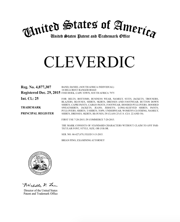 United States trademark registration certificate for Cleverdic